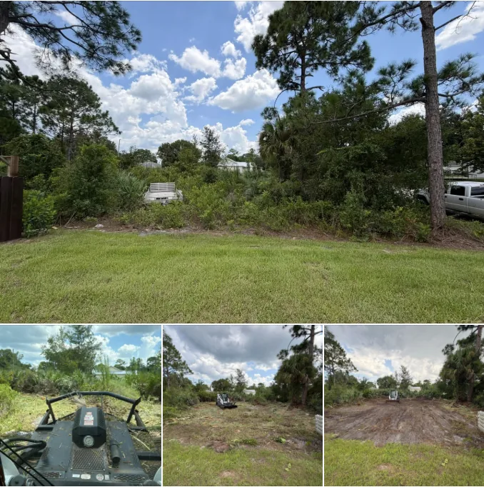 Collage showing an overgrown residential lot and the cleared ground after skid steer work.