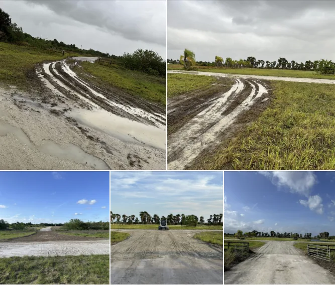 Collage showing a muddy access path and the graded driveway surface after skid steer work.